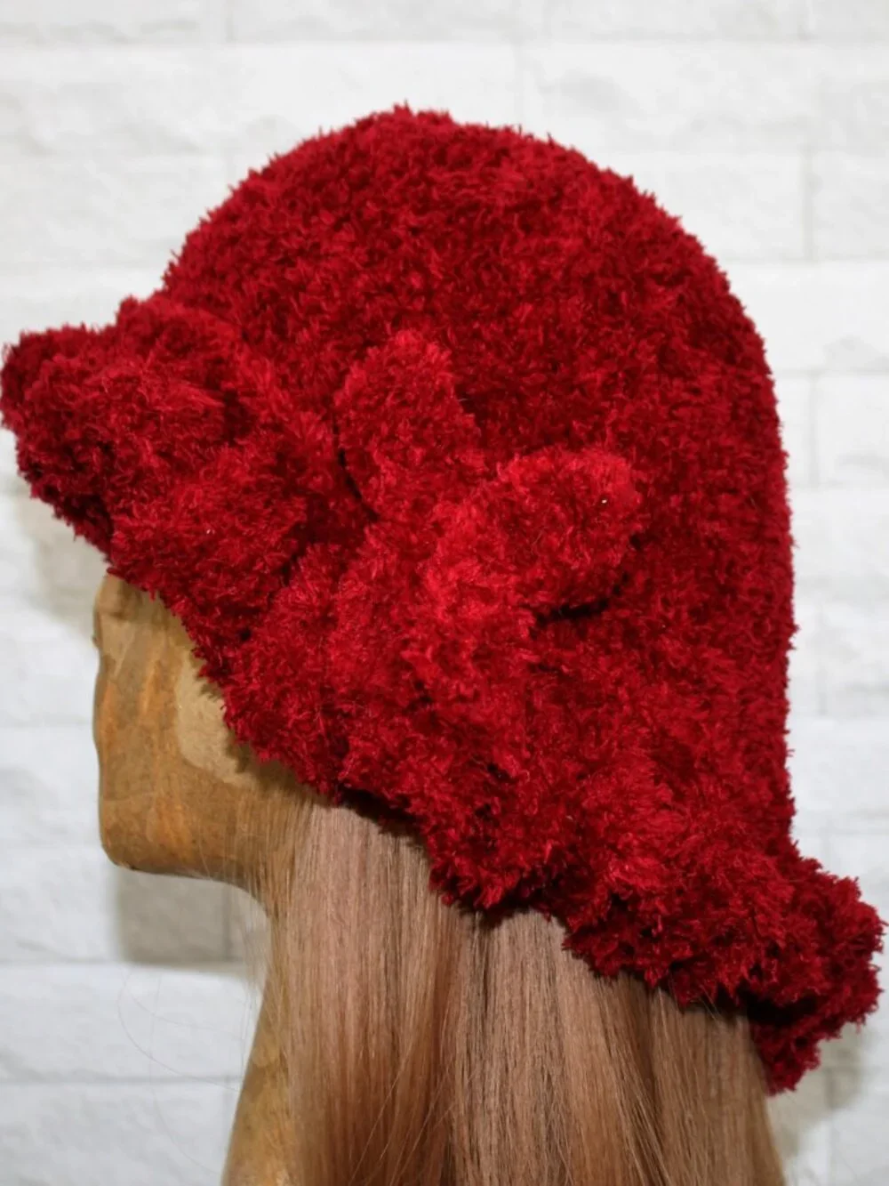 HAND CRAFTED Hat Crochet Bucket Teddy Faux Fur Winter Full Ruffle Red Burgundy